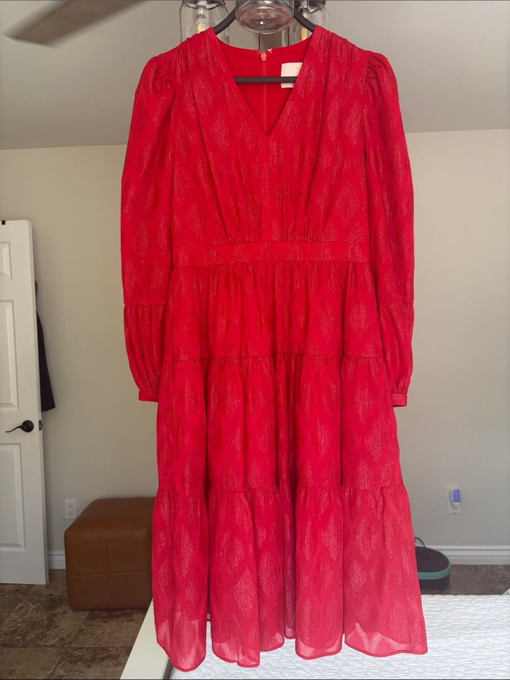 Gal Meets Glam Red V-Neck Tiered Long Sleeve Dress